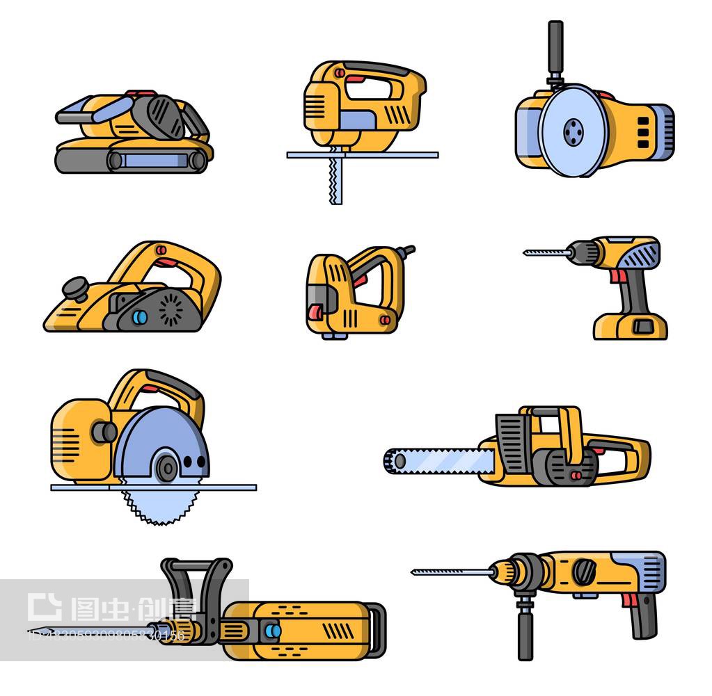 一套電動(dòng)施工工具。平面風(fēng)格專(zhuān)業(yè)施工工具。Set of electric construction tools. Flat style professional builder tool.